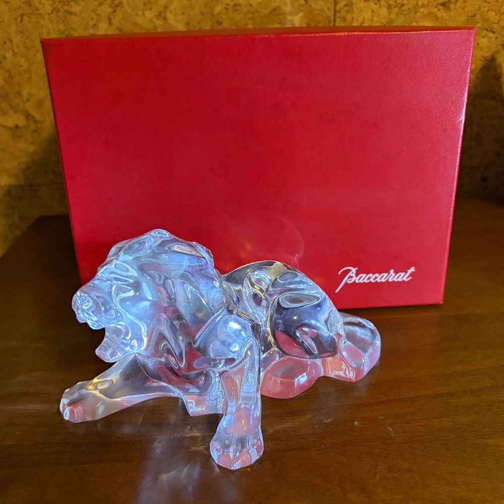 Baccarat Crystal Roaring Recumbent Lion Pristine in Original Box Vtg Y2K
